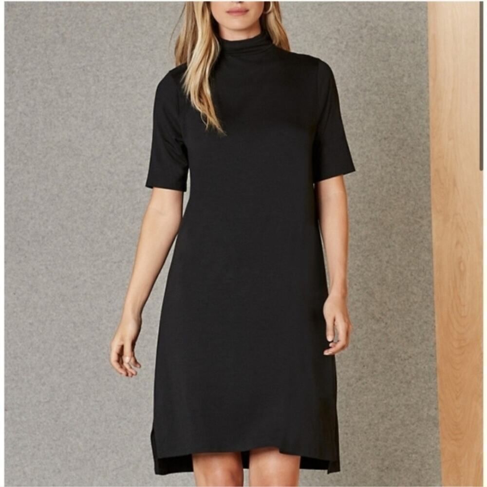 Eileen Fisher Black T-Shirt Dress Minimalist Vibe XS Stretchy Soft Quiet Luxury